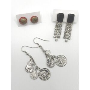 Vintage Style Earrings Lot Black Rhinestone Fringe SilverTone Coin Red Cloisonne